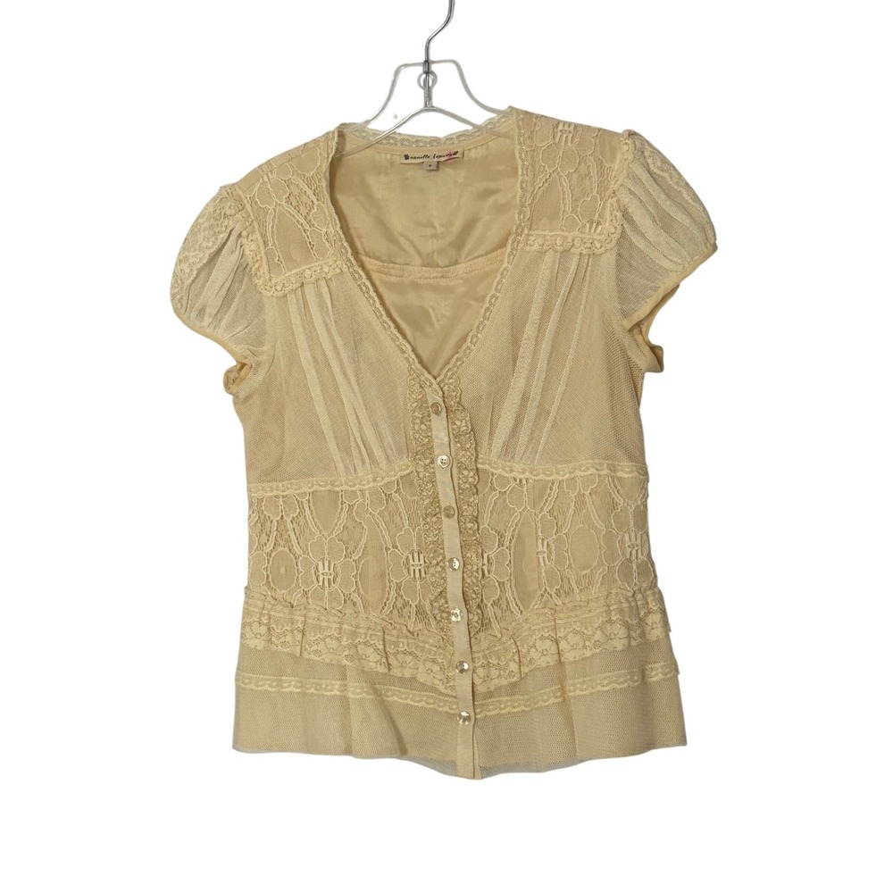 Vintage Nanette Lepore Lace Mesh Ruffle Blouse Cream V Neck Coquette - 8